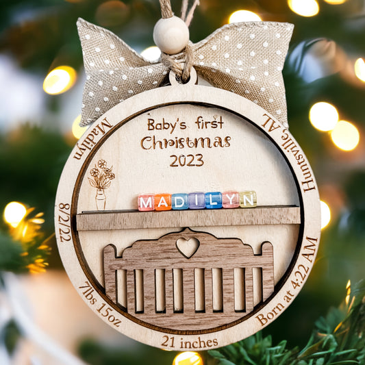 Wooden baby’s First Christmas Ornament  personalize with name and birth stats