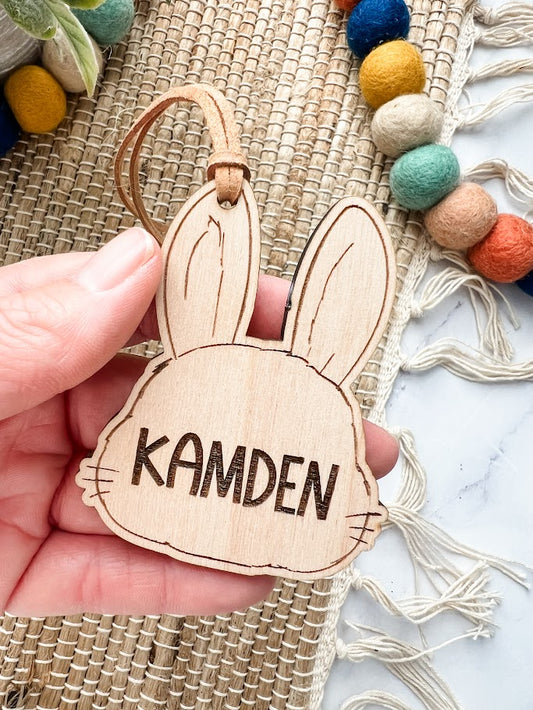 Personalized Wooden Bunny Basket Tag – Engraved Easter Name Tag for Kids