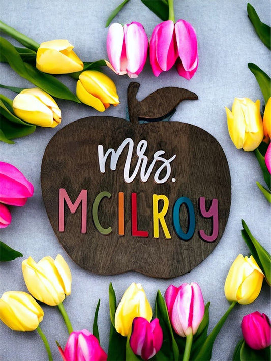 Personalized Apple Teacher Door Sign – Custom Name in Rainbow Letters