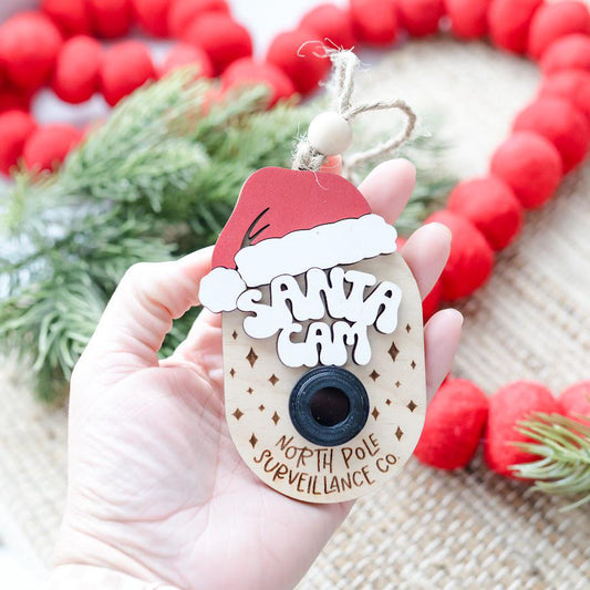 Santa Cam Christmas Ornament: Birch Wood Holiday Camera